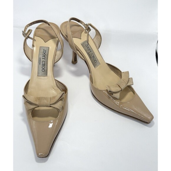 Jimmy Choo Nude Slingback Pumps w/ Ribbon Detail Patent Leather Sz EU 36.5 6.5 - Picture 4 of 14